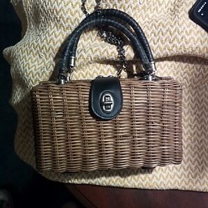 Patricia Nash Brown Woven Rattan Top-Handle Tote with Black Trim